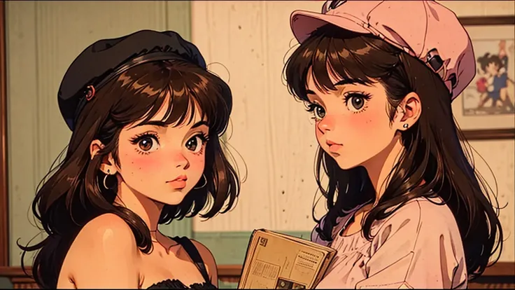 A girl, 80s anime style, retro, lo-fi, piercing, hat