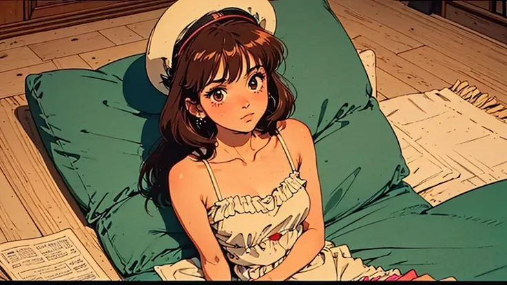 A girl, 80s anime style, retro, lo-fi, piercing, hat