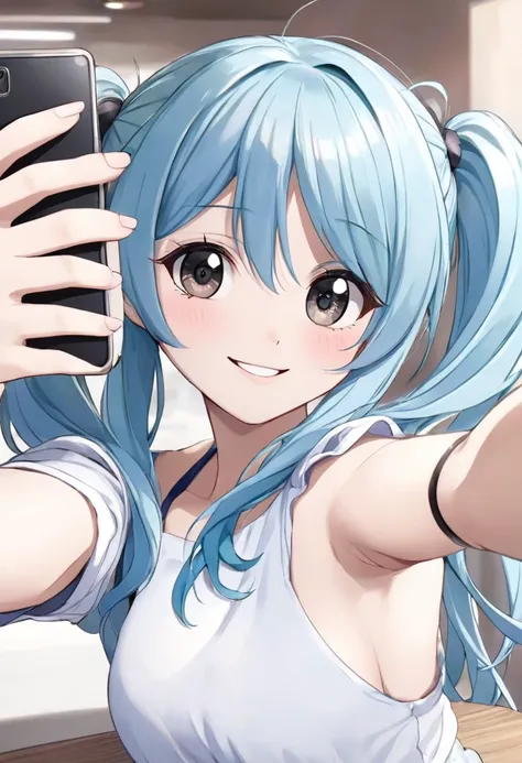 High quality 2D anime illustrations, Light blue hair、A 15-year-old girl with twin tails, Bright black eyes、Bright smile。Taking a selfie with your smartphone. Her face is bright、Be enthusiastic, Capture the joy of sharing your fun moments online. She has a ...