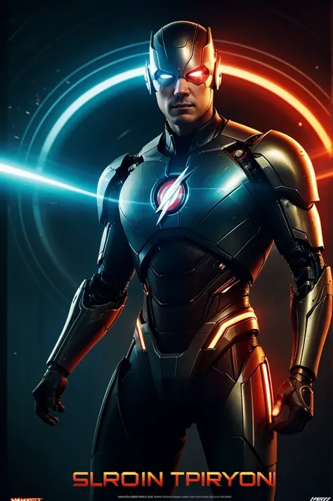 Intensely the film, a captivating poster. The composition exudes cinematic lighting and color gradation. Show a Cyborg man, with a futuristic environment, with flashy lights.