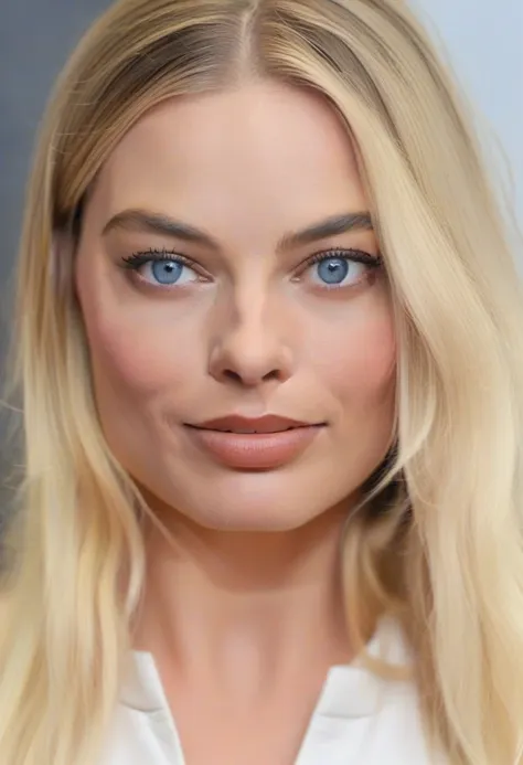 margotrobbie with long blonde hair posing for a portrait, smiling, white skin, blue eyes, attractive beautiful face, (details on...