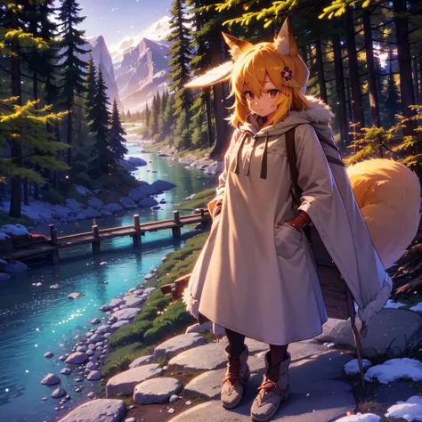 a girl, fox ears, 4k image,beautiful trees, maximum details,alaska, mountains in the background, river, log cabin, pioneer cloth...