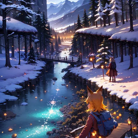 a girl, fox ears, 4k image,beautiful trees, maximum details,alaska, mountains in the background, river, log cabin, pioneer cloth...