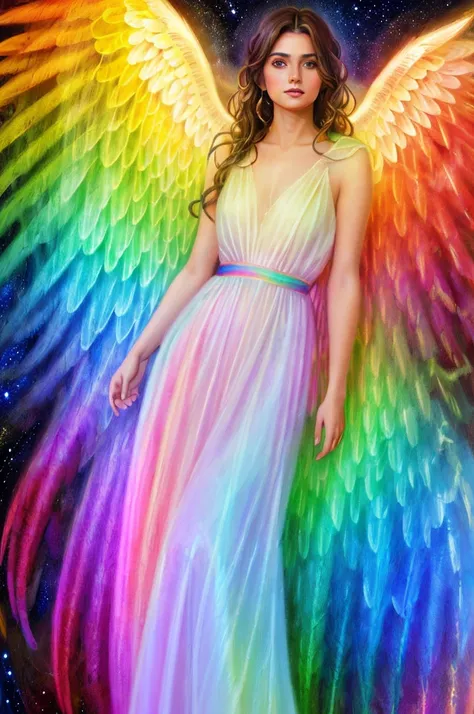 professional art work painting , innocent , Cinematographic illustration, holographic illustration, angel beautiful and perfect persian woman with rainbow colored angel wings with luminous sparkles. detailed and defined rainbow colored angel wings. full an...