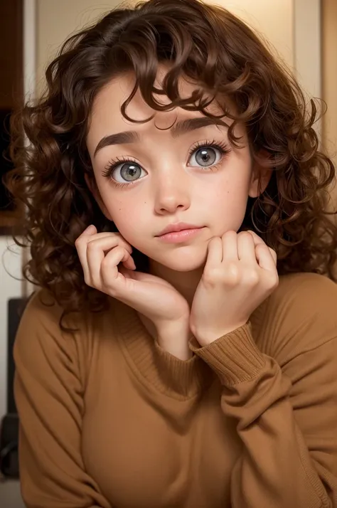 I want a photo of an emotion from the pixar movie, BROWN COLOR, beautiful eyes and incredibly big, perfect eyelashes, curly hair, lightbrown eyes, fleshy mouth and a sensitive and beautiful girl full of shame