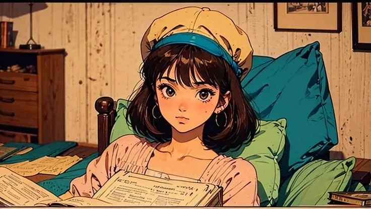 A girl, 80s anime style, retro, lo-fi, piercing, hat