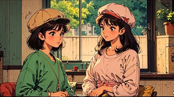 a girl, 80s anime style, retro, lo-fi, piercing, hat