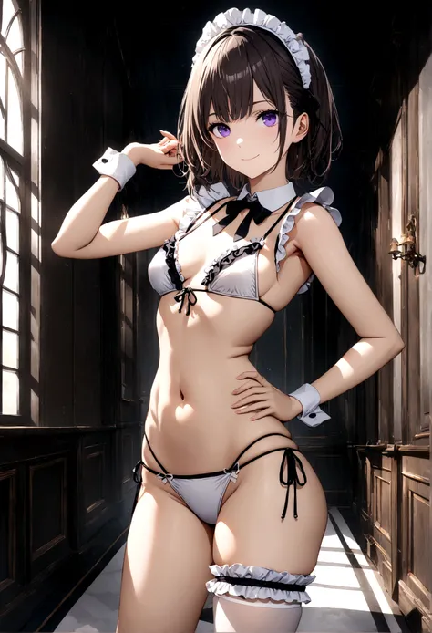 ((32k)), ((best quality)), ((ultra high res)), ((HDR)), ((UHD)), ((extremely detailed CG)), ((unity 32k wallpaper)), closed mouth, standing, purple eyes, swimsuit, bikini, thighs, cowboy shot, frills, indoors, hand up, stomach, white thighhighs, hand on hi...