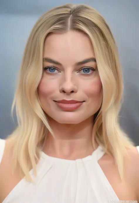 full body photograph of margotrobbie with long blonde hair posing for a portrait, smiling, white skin, blue eyes, attractive bea...