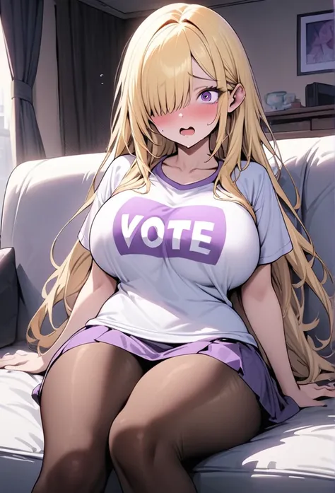 ((Best Quality)), ((Masterpiece)), (detailed), 1 girl, Pastel yellow hair, long hair, hair covers one eye, purple eyes, big breasts, big thighs, , white vote t-shirt, purple skirt, brown pantyhose, at home, watching a movie, scared, sitting on the sofa