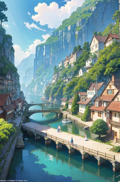 Idyllic coastal town drawn in a detailed ghibli art illustration style, bathed in sunlight, featuring European-style houses with terracotta roofs, a serene waterfront with wooden docks and anchored boats, and vintage cars parked along the wharf, set agains...