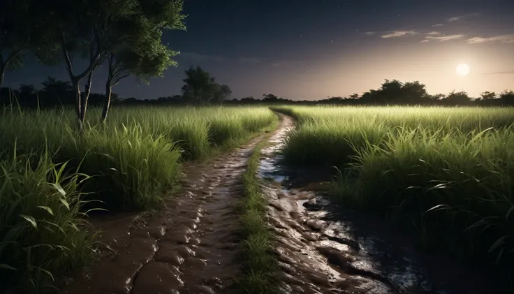 An image of a deserted mud road at night, surrounded by tall grass on both sides and with little lighting. PICTURE REALISTIC, high resolution, 8K 