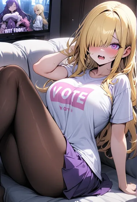 ((Best Quality)), ((Masterpiece)), (detailed), 1 girl, Pastel yellow hair, long hair, hair covers one eye, purple eyes, big breasts, big thighs, , white vote t-shirt, purple skirt, brown pantyhose, at home, watching a movie, scared, sitting on the sofa, wa...