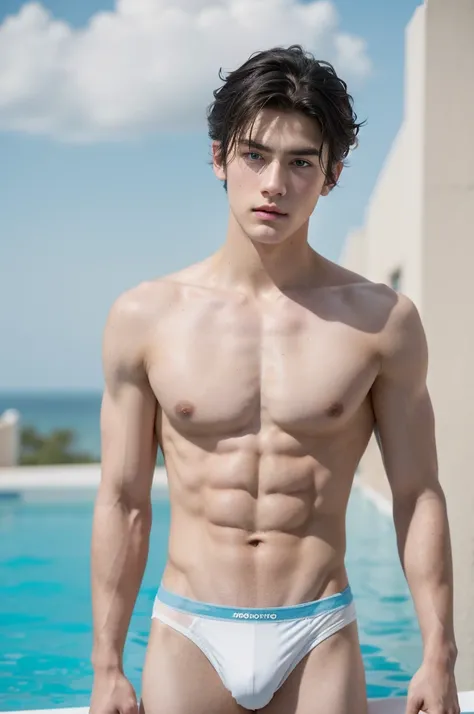 Eine hyperrealistische, 20 year old boy with white skin, dark hair, light blue eyes, Dark eyebrows, show abs, topless , shirtless, Athletic Body Spiky Hair, Serious male thoughtful observer wearing white swimming thong, Mokkori, standing pose,