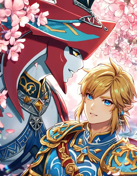 absurdres, highres, ultra detailed, HDR, master piece, best quality, perfect face, delicated features, red Zora, Sidon, expressive yellow eyes, The Legend Of Zelda Breath Of The Wild, Link, expressive blue eyes, blond hair, two sexy men together, smiling, ...