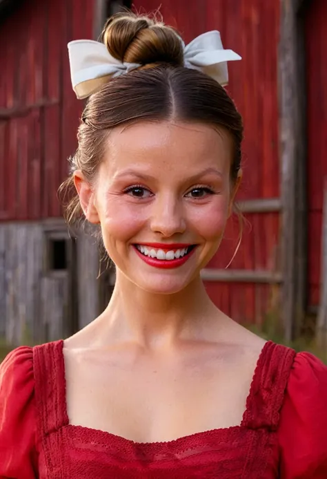 high resolution close up headshot portrait of m1ag0th woman,hair bun tied with bow,wearing red dress,smiling,masterpiece,surreal...