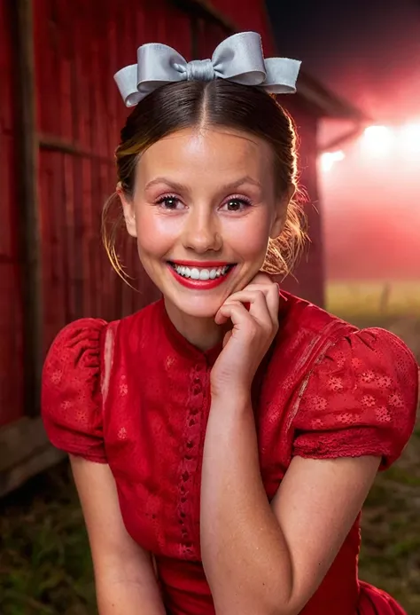 high resolution close up headshot portrait of m1ag0th woman,hair bun tied with bow,wearing red dress,smiling,masterpiece,surreal...