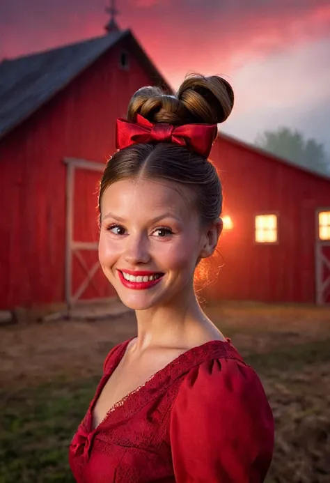 high resolution close up headshot portrait of m1ag0th woman,hair bun tied with bow,wearing red dress,smiling,masterpiece,surreal lighting,volumetric lighting,volumetric fog,boked,depth of field,cinematic,barn background