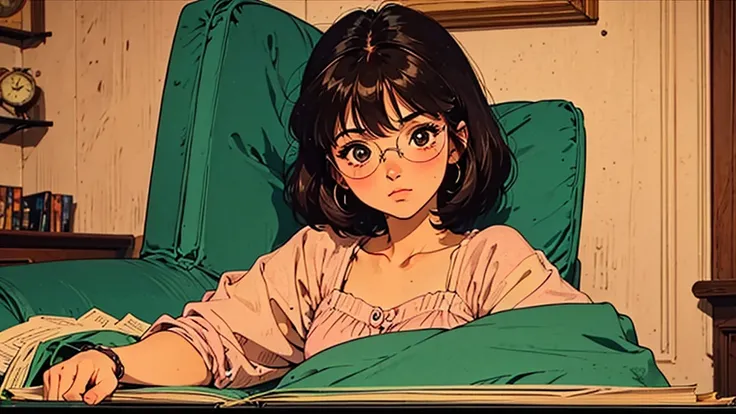 A girl, 80s anime style, retro, lo-fi, piercing, glasses