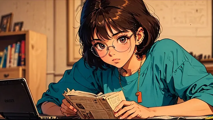 A girl, 80s anime style, retro, lo-fi, piercing, glasses