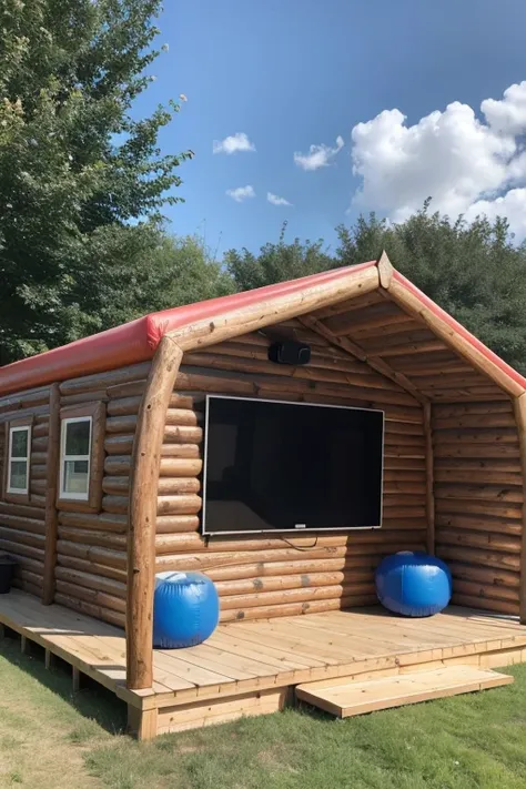 front of an inflatable cinema in the style of a shed rustic