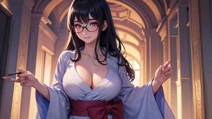 1 girl, full body stand, glasses, ideal breasts, unbuttoned yukata, loose hair, smile, open the entrance for you, face blush, night light, detailed anime face, beautiful eyes, detailed hand, long eyelashes, detailed lips, detailed skin, intricate details, ...