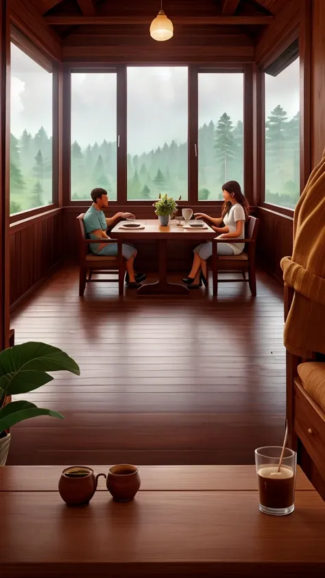 Interior view of wooden house with large glass window overlooking a forest, The weather is heavy rain, agua escorre no vidro, clima frio, sem neve, Dense forest outside, lareira com fogo baixo, livros na estante, wooden table with cups of hot coffee for tw...