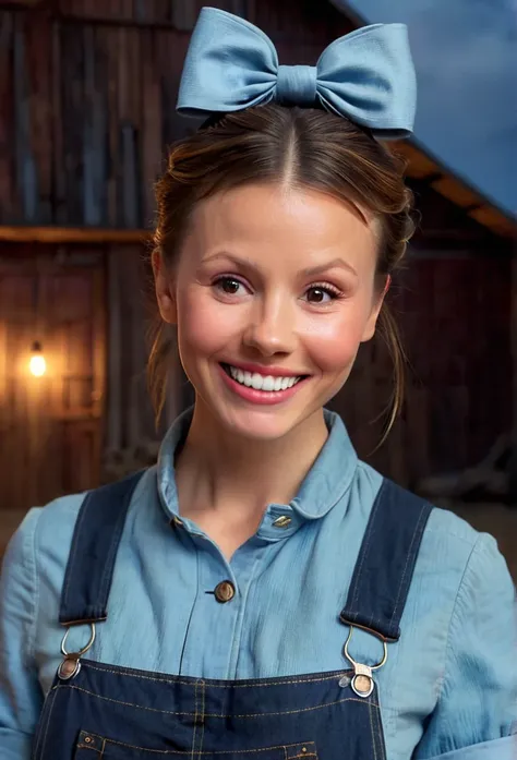 high resolution close up headshot portrait of m1ag0th woman,hair bun tied with bow,wearing sky blue shirt and dark denim overalls,smiling,masterpiece,surreal lighting,volumetric lighting,volumetric fog,boked,depth of field,cinematic,barn interior backgroun...