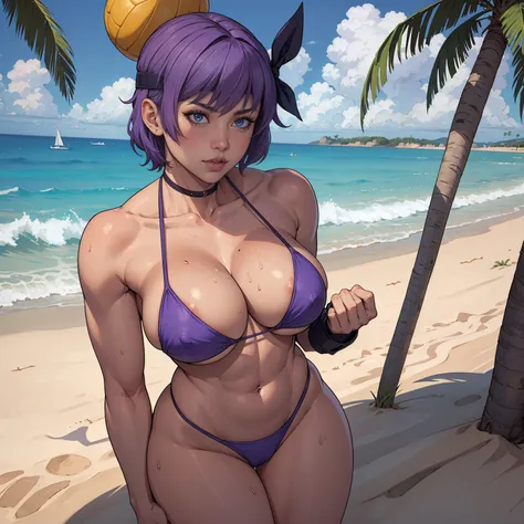 uploaded on e621, explicit content, 3d, (bastika, cutesexyrobutts, hioshiru), female, solo, ayane,  headband, beach setting, volley, (violet bikini:1.2), large breasts, natural breasts, milf, standing, three quarters portrait, closeup,