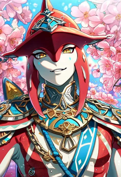 absurdres, highres, ultra detailed, HDR, master piece, best quality, perfect face, delicated features, red Zora, Sidon, expressive yellow eyes, The Legend Of Zelda Breath Of The Wild, pale skin, solo, handsome, smiling, zora domain, pink blossoms, pink flo...