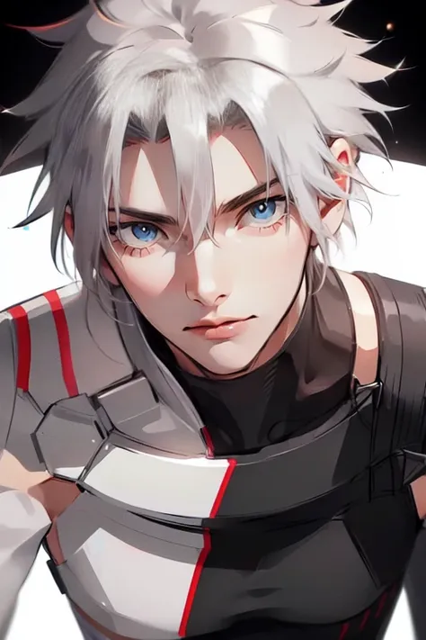 1 male (tall man, slim, manly, dominate,  white messy hair with black stripes, man has yellow eyes, tough, wearing a sci-fi space outfit, has 1 earring.) best quality, ultra-detailed, illustration, complex, detailed, extremely detailed, detailed face, soft...