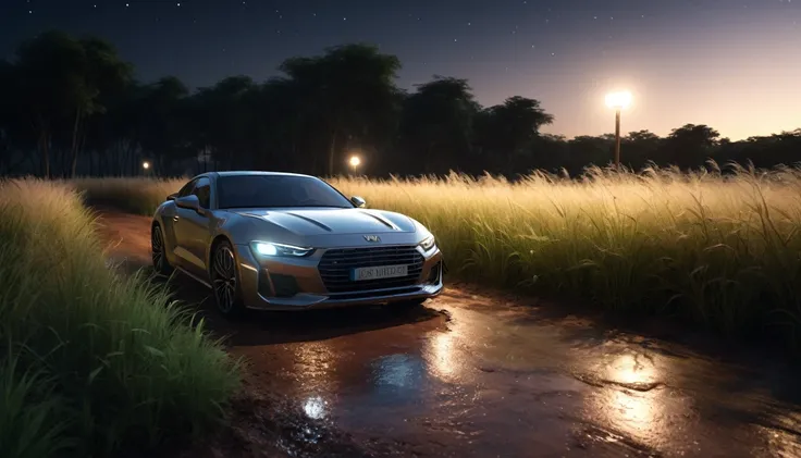 An image of a car on the deserted clay road at night, surrounded by tall grass on both sides and with little lighting. PICTURE REALISTIC, high resolution, 8K 