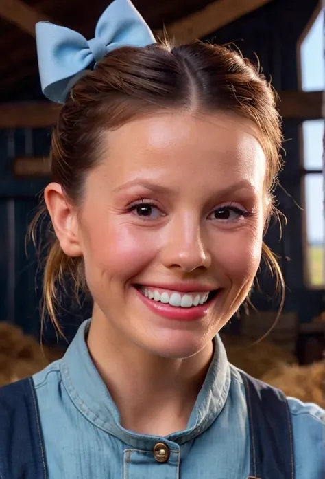 high resolution close up headshot portrait of m1ag0th woman,hair bun tied with bow,wearing sky blue shirt and dark denim overalls,smiling,masterpiece,surreal lighting,volumetric lighting,volumetric fog,boked,depth of field,cinematic,barn interior backgroun...