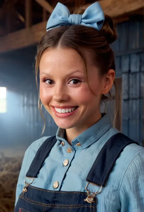 high resolution close up headshot portrait of m1ag0th woman,hair bun tied with bow,wearing sky blue shirt and dark denim overall...