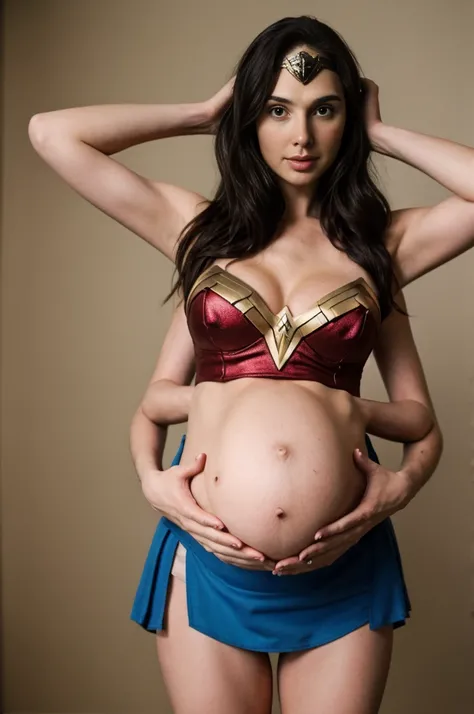 Dslr photo, photograph, (8k, 4k, masterpiece), beautiful sexy woman, movie photoshoot, superhero, (wonder woman), standing, posing, celebrity, solo, 1girl, (wide shoulders), (extraarms:1.2), (woman with 4 arms), (four arms), (top hands on head), (bottom ha...