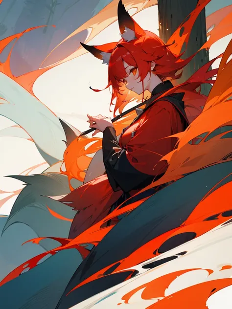 Red kitsune girl with foxes in forest on the mountain