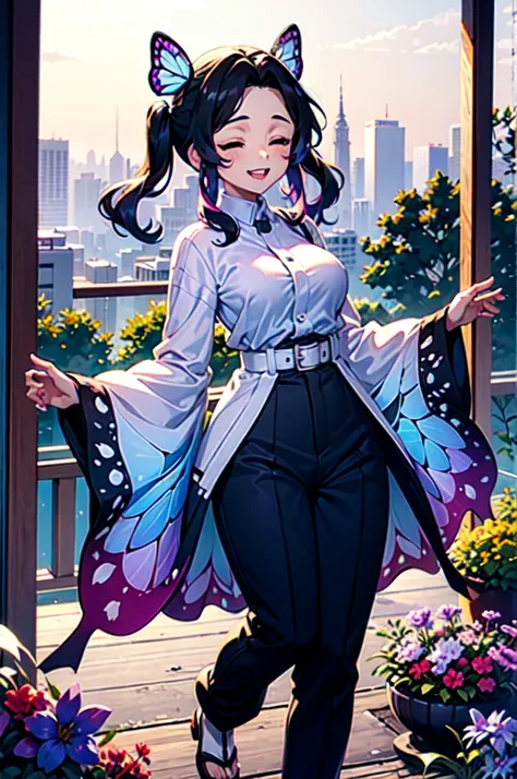 shinobu, 1girl, 1boy, smile, short hair, black hair, hair ornament, long sleeves, laying, full body, closed eyes, purple hair, flower, indoors, japanese clothes, sky, belt, pants, wide sleeves, parted bangs, sandals, butterfly, blue flower, butterfly hair ...