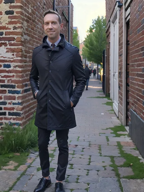 (highres,masterpiece:1.2), ultra-detailed, realistic:1.37, HDR, man ,solo, Todder8 Todder1 in the street with pea coat (stylish leather shoes), painted brick walls, german cobblestone pavement,lively city atmosphere,vibrant colors,soft light,cool blue tone...