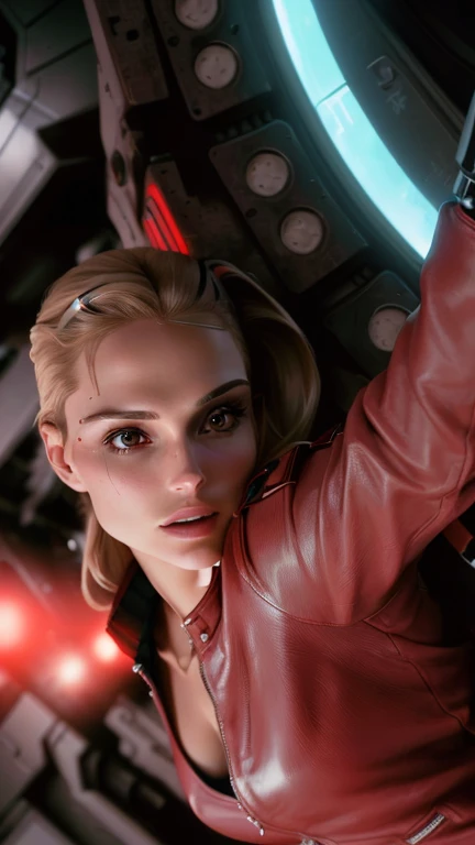 Blonde woman in red leather jacket holding a gun in front of a wall, in a science fiction movie, science fiction movie still, Natalie Portman and Star Trek, Epic Sci-Fi Movie Still, science fiction woman, an Epic Sci-Fi Movie Still, Movie still of a cyborg...