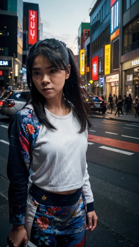 ((Best quality)), ((masterpiece)), ((realistic)), depict Christy JKT48 in his white outfit, an urban cityscape at dusk. The scene should be filled with intense action and dynamic energy. The lighting should be dramatic, with vibrant neon lights illuminatin...