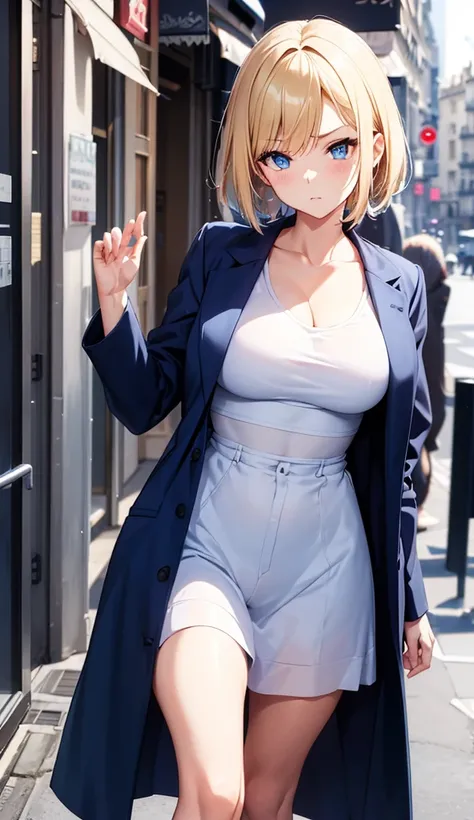 hight resolution、2D Anime Style、Beautiful blue eyes,(Talented lo-fi:1.3),breasts are slightly larger、A cool adult woman with short blonde hair and a serious expression....、Fashion to wear a coat with your stomach exposed, Walking the streets of Paris,