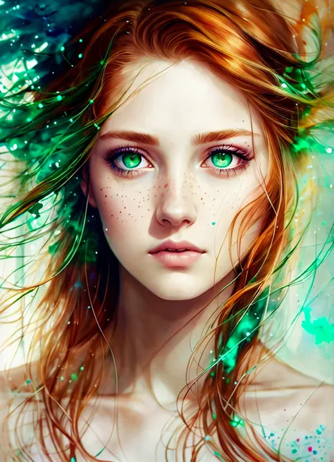 a woman by agnes cecile, luminous design, pastel colours, ink drips, autumn lights, detailed Turmaline Green eyes, ginger hair