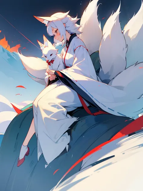 White kitsune girl with foxes on the mountain