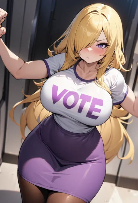 ((Best Quality)), ((Masterpiece)), (detailed), 1 girl, Pastel yellow hair, long hair, hair covers one eye, purple eyes, big breasts, big thighs, , white vote t-shirt, purple skirt, brown pantyhose, pouting, expwctativa arrives, clenching fists, trying to g...