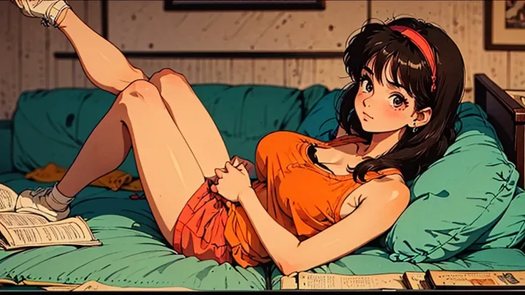 A girl, 80s anime style, retro, lo-fi, piercing, tank top