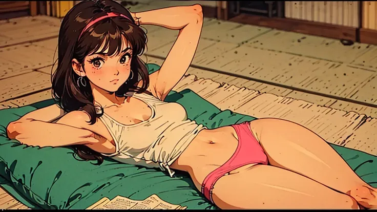 A girl, 80s anime style, retro, lo-fi, piercing, tank top