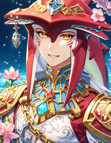 absurdres, highres, ultra detailed, HDR, master piece, best quality, perfect face, delicated features, Sidon as a human, red long hair, messy hair, hair between the eyes, expressive yellow eyes, The Legend Of Zelda Breath Of The Wild, white prince clothes,...