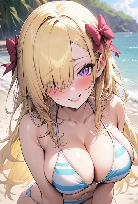 ((Best Quality)), ((Masterpiece)), (detailed), 1 girl, Pastel yellow hair, long hair, hair covers one eye, purple eyes, big breasts, big thighs, expression smiling shy, Swimsuit, in a beach