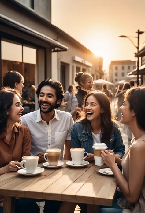 Create a scene where a group of people having a good coffee are laughing and talking at sunset.