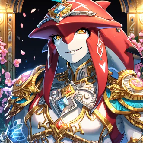 absurdres, highres, ultra detailed, HDR, master piece, best quality, perfect face, delicated features, Sidon as a human, red long hair, messy hair, hair between the eyes, expressive yellow eyes, The Legend Of Zelda Breath Of The Wild, white prince clothes,...